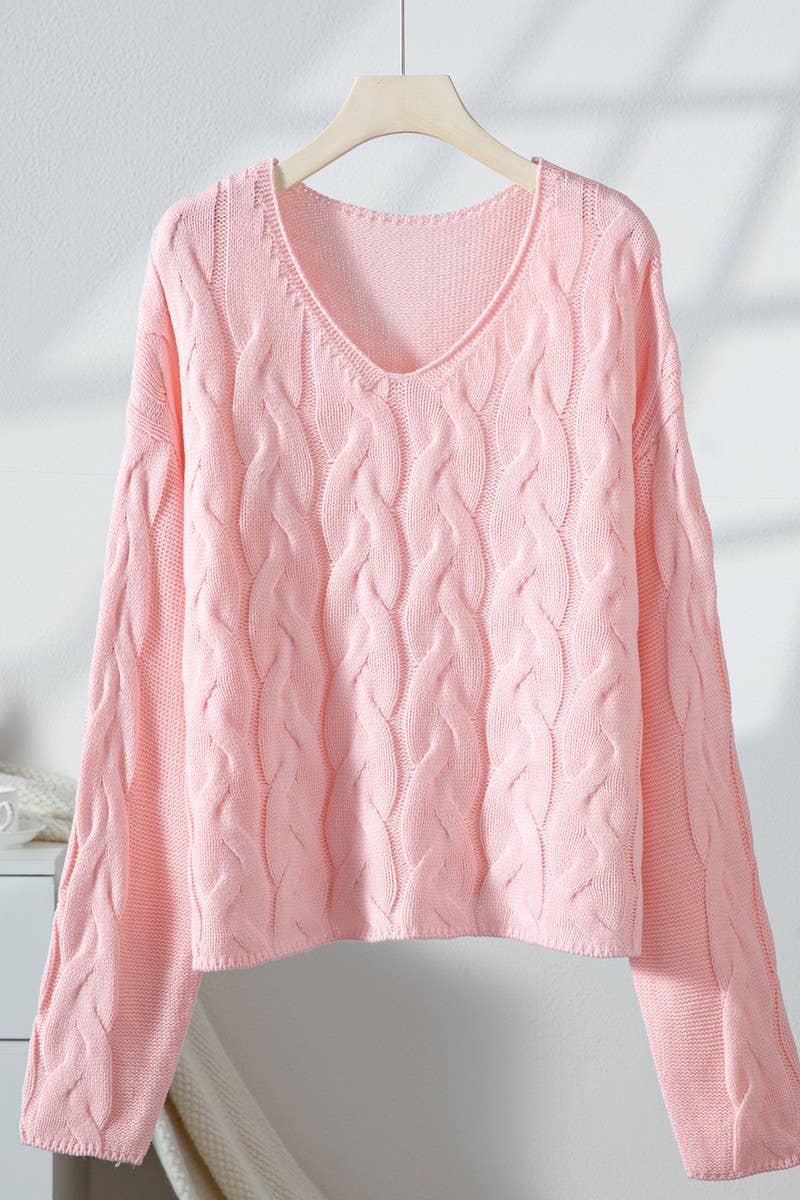 CWOSWL07422_LOOSE V NECK CABLE KNIT PULLOVER SWEATER