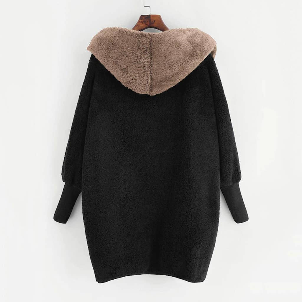 Color matching fleece hooded loose cardigan coat
