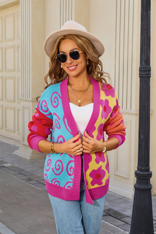 Color-blocking loose,buttonless knitted cardigan
