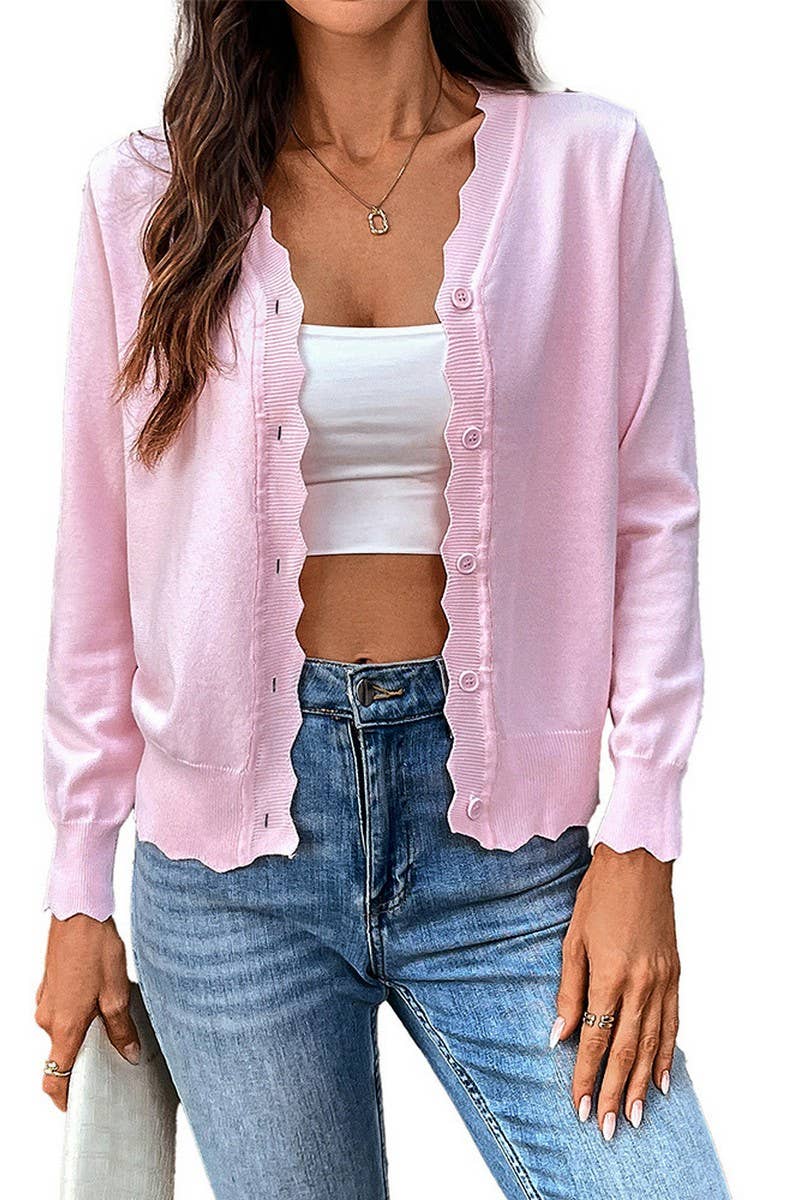 CWOCAL00610_SOLID COLOR V-NECK LONG-SLEEVED KNITTED CARDIGAN