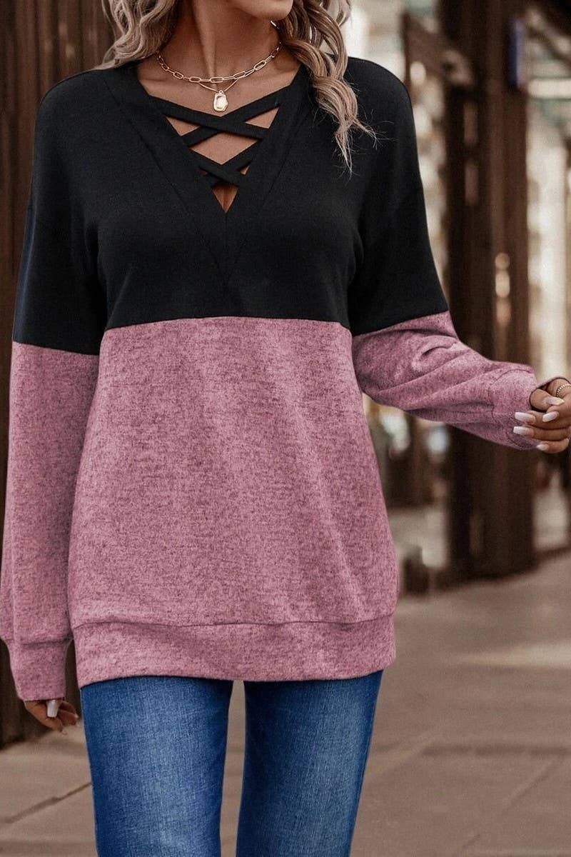 CWTBLL1424_V-NECK CROSS-CONTRAST DROPPED SHOULDER SLEEVE TOP