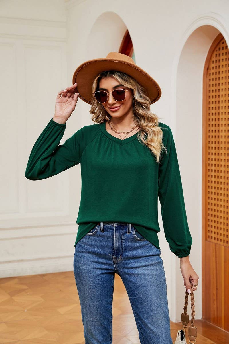 CWTBLL2370_LONG SLEEVE V NECK PLEATED LOOSE PULLOVER