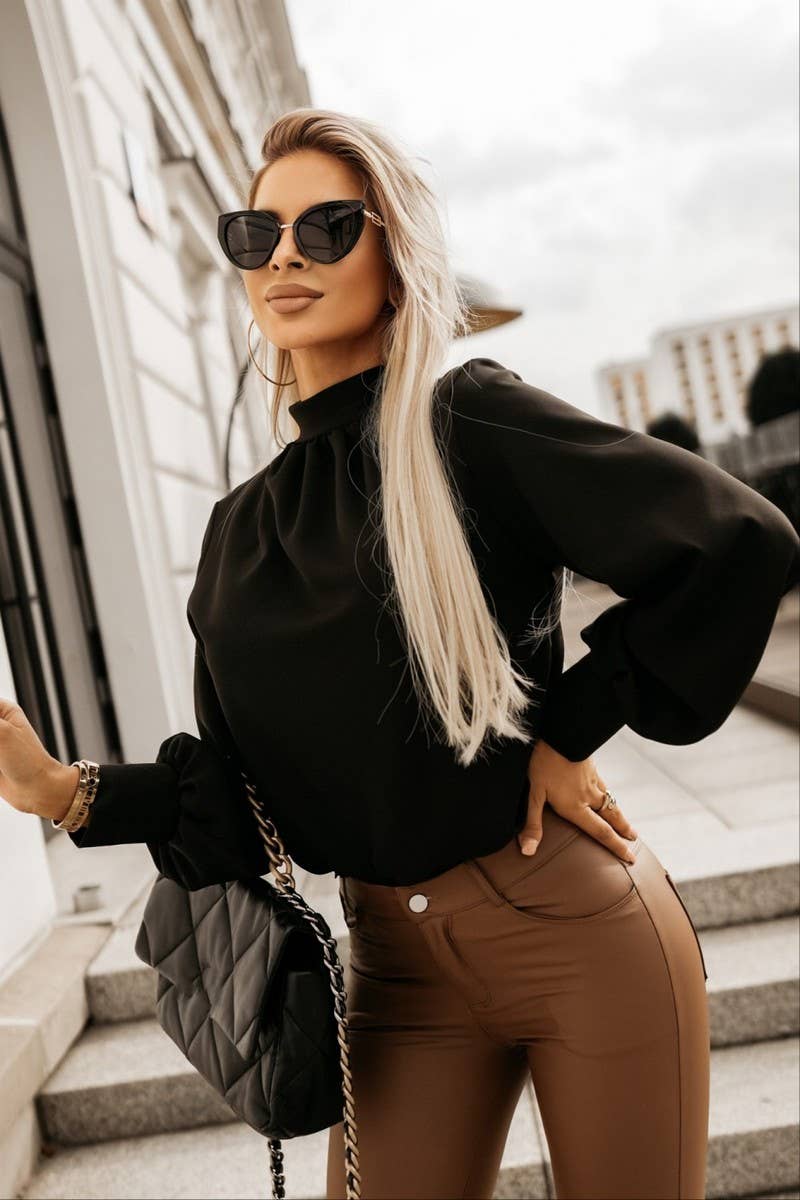 CWTBLL536_SOLID COLOR LOOSE TEMPERAMENT HIGH COLLAR SHIRT