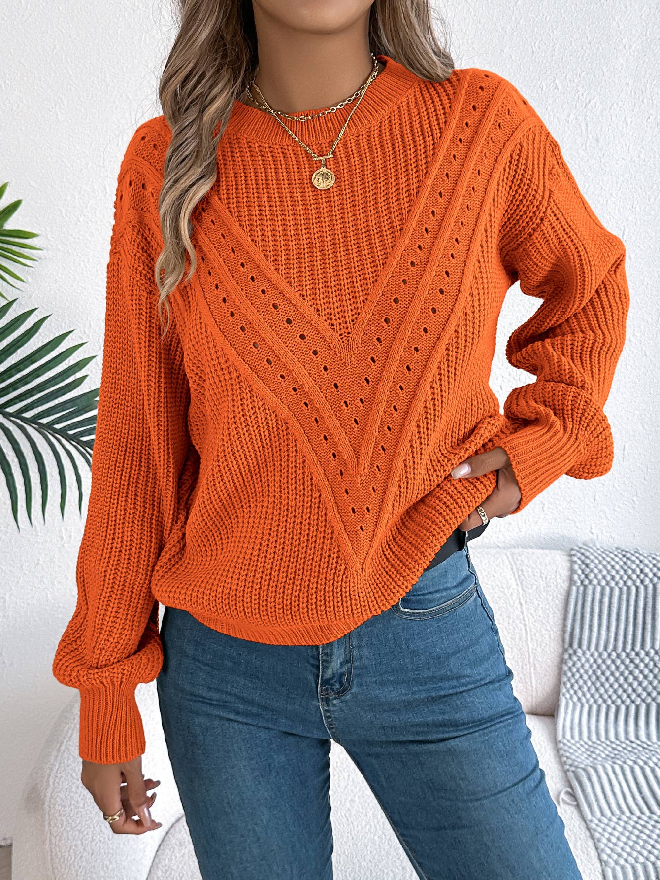 CASUAL V HOLLOWED OUT LANTERN SLEEVE SWEATER