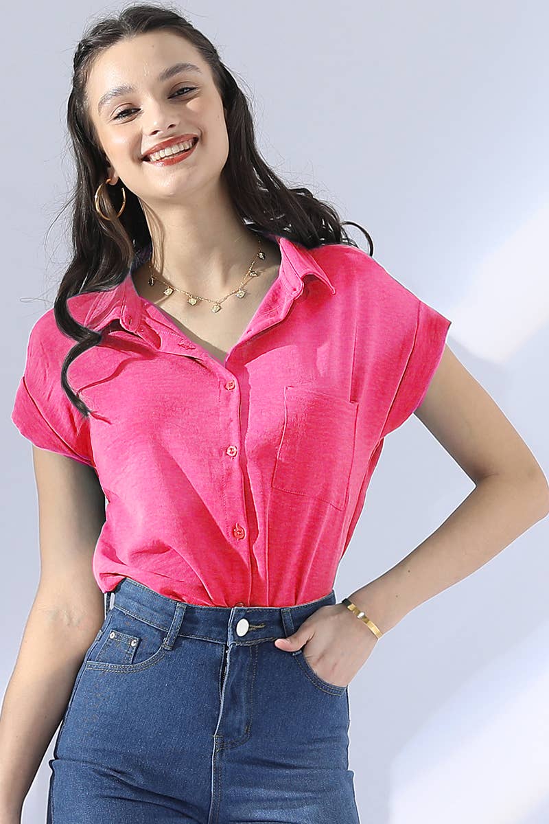 CWTBLS200_SINGLE BREASTED ROLLED SHORT SLEEVE BLOUSE SHIRT