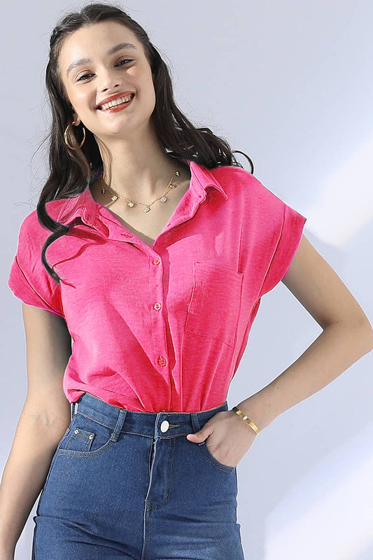 CWTBLS200_SINGLE BREASTED ROLLED SHORT SLEEVE BLOUSE SHIRT