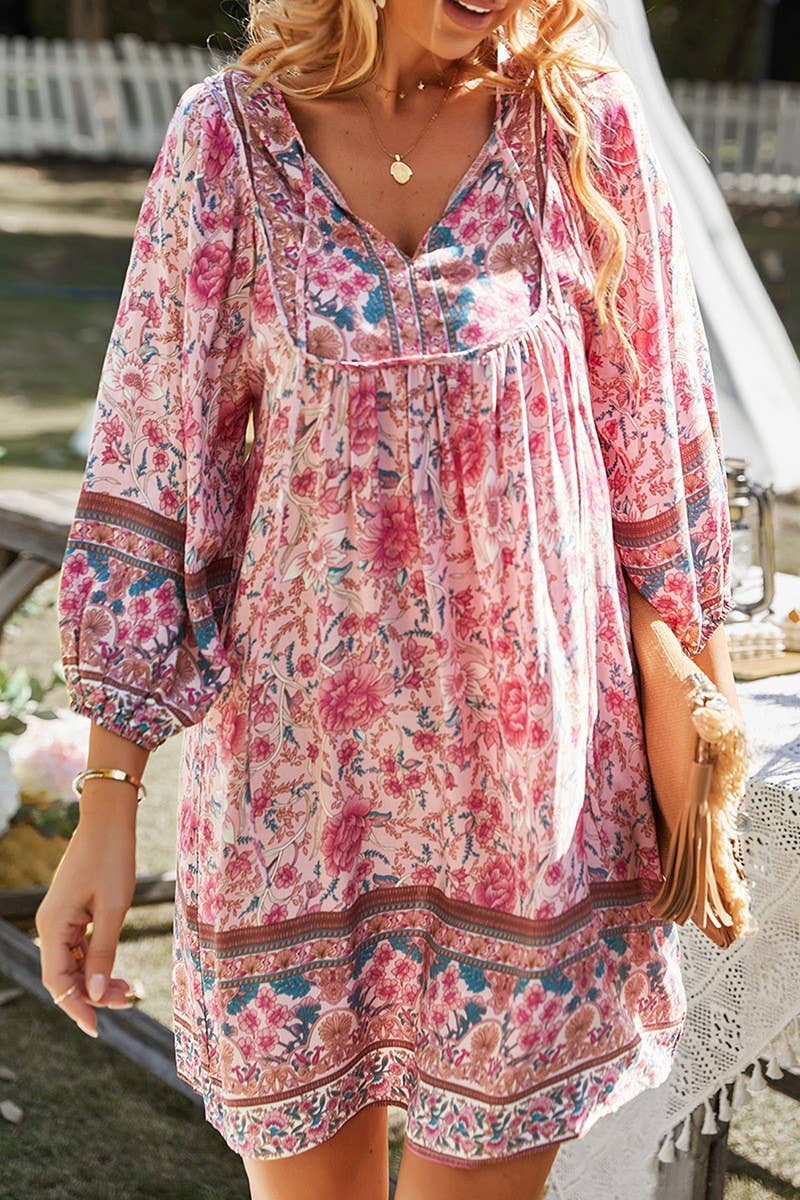 CWDSD10494_CONTRAST COLOR TIE THREE-QUARTER SLEEVE DRESS