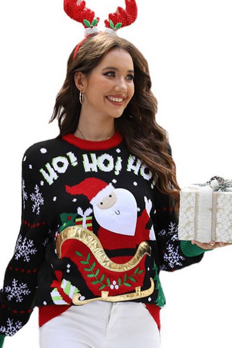 CWOSWL2430_EMBROIDERED SANTA CLAUS PULLOVER CHRISTMAS SWEATE