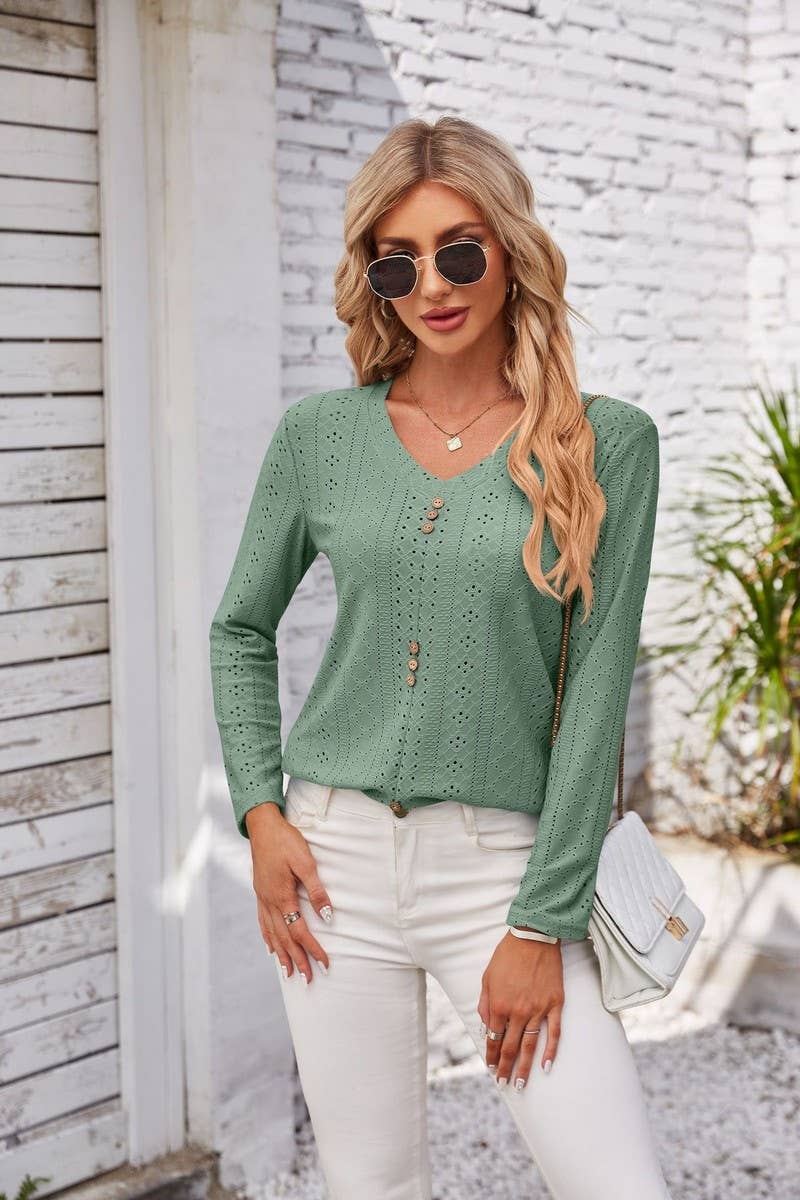 CWTBLL1042_V-NECK LONG-SLEEVED T-SHIRT TOP