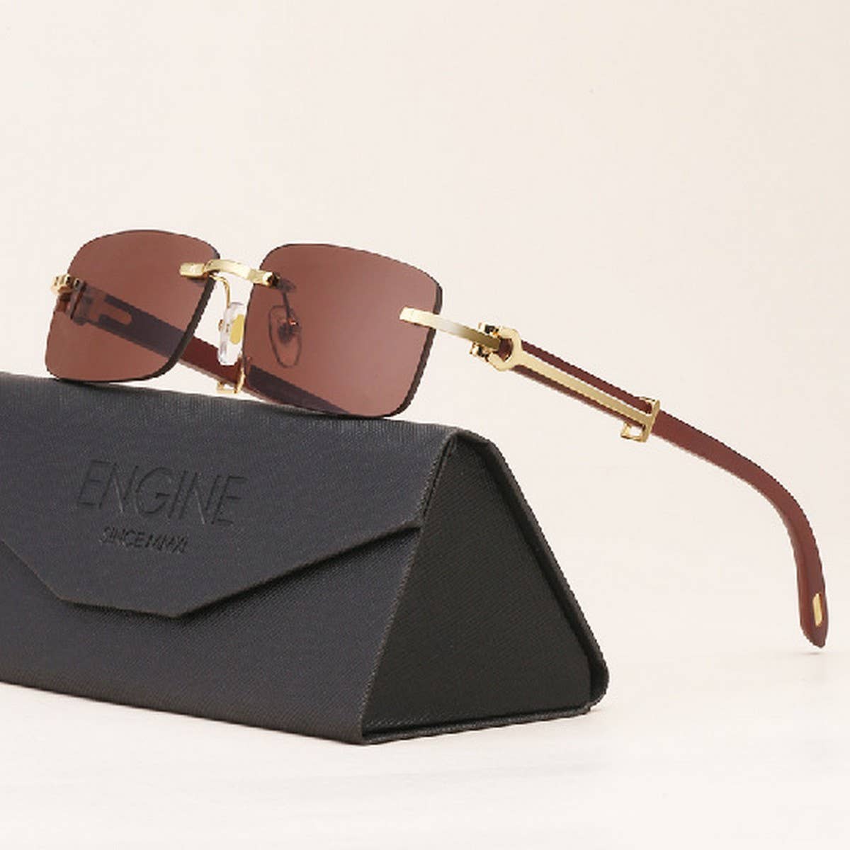 VINTAGE FRAMELESS WOOD GRAIN TEMPLE SUNGLASSES