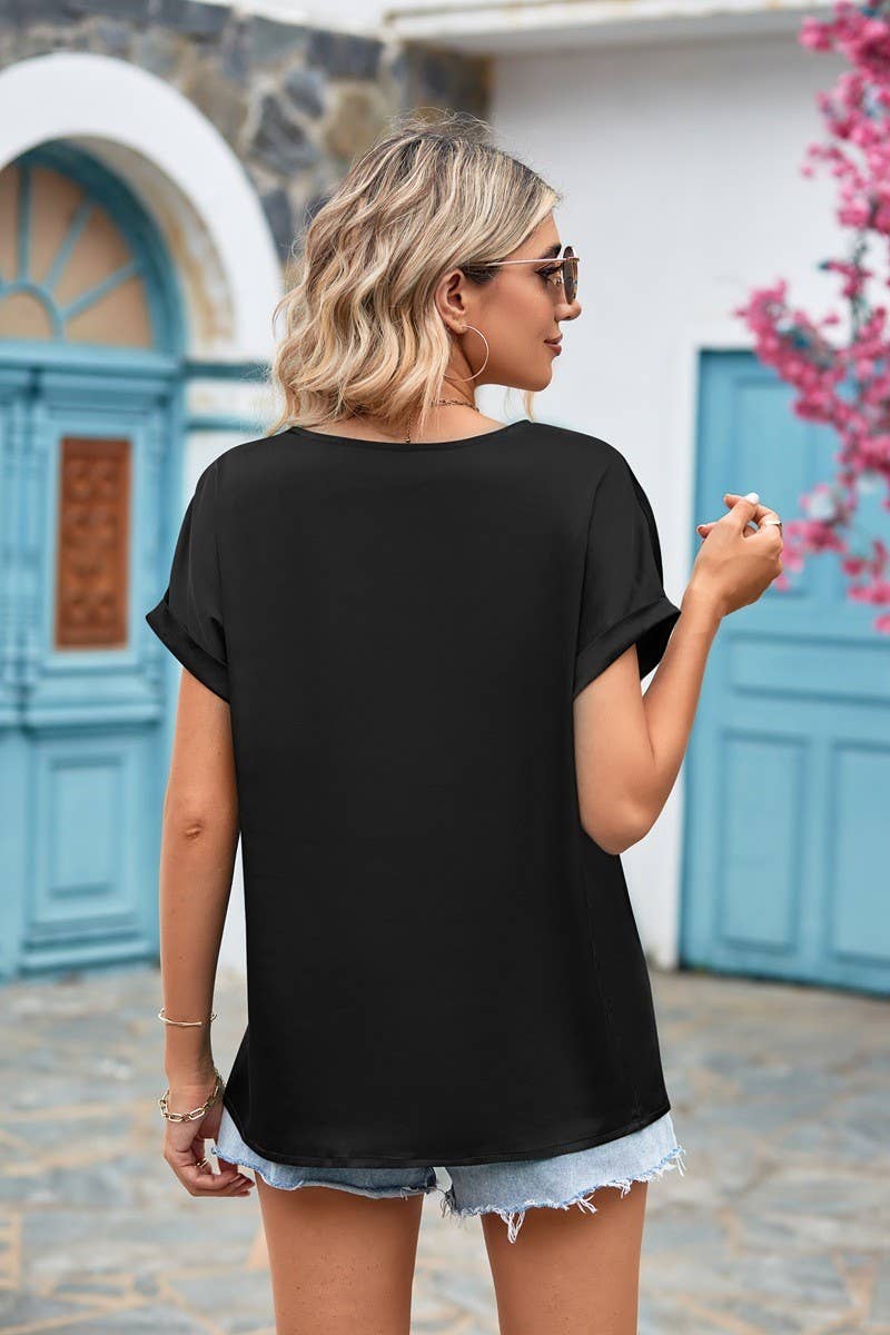 CWTSTS0269_V Neck Lace Trim Detail Short Sleeve Blouse