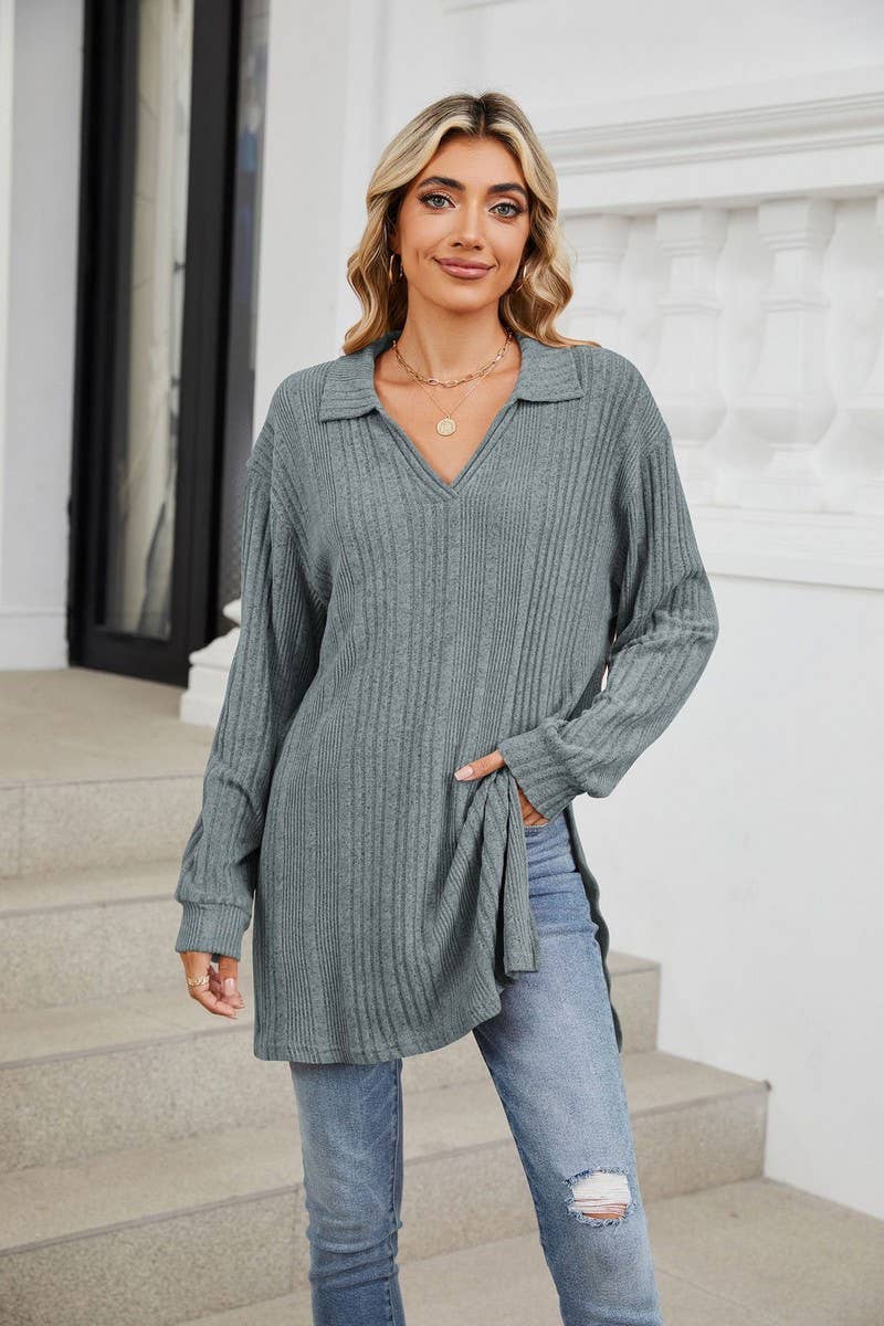 CWTBLL3668_FLIP COLLAR SLIT LONG SLEEVED LOOSE T-SHIRT TOP