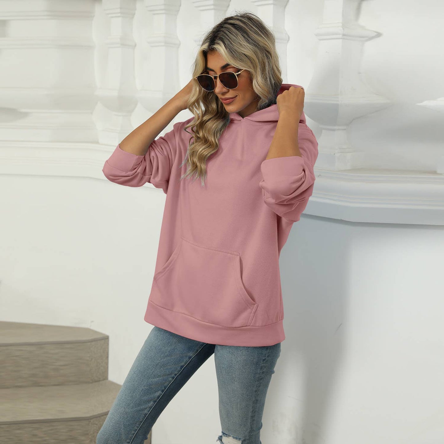 CASUAL HOODED POCKET HOODIE SOLID COLOR TOP