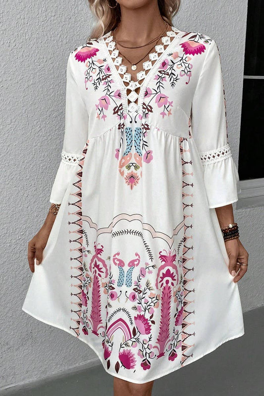 CWDMD4946_SUMMER V-NECK LACE PATCHWORK CASUAL PRINT DRESS