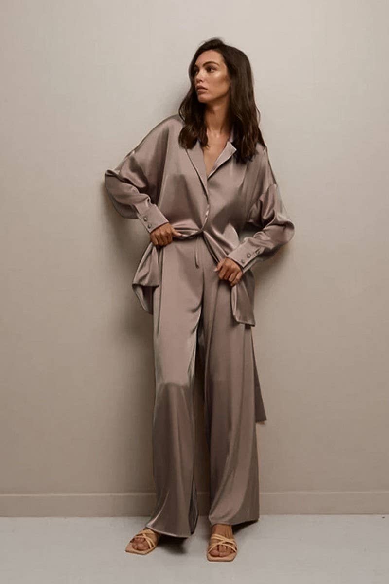 CWSPJ0098_SOLID COLOR LONG SLEEVE SHIRT PANTS PAJAMAS SET