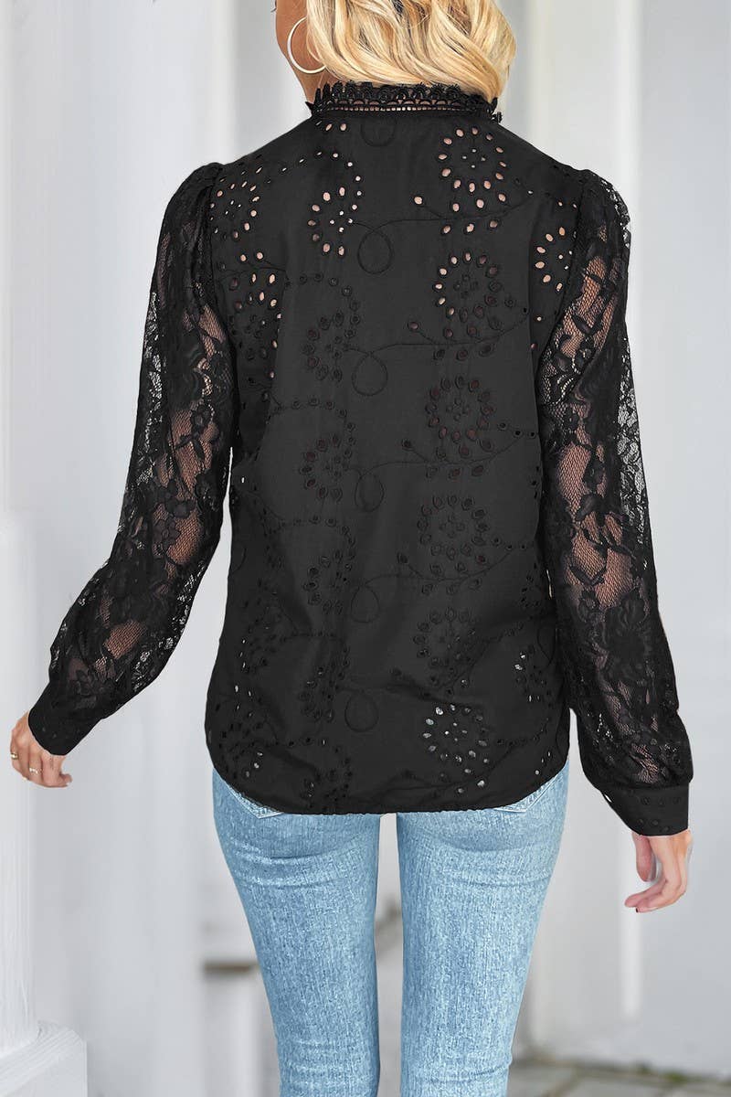 CWTBLL4076_SOLID LACE INSERT ELEGANT SHIRT BLOUSE