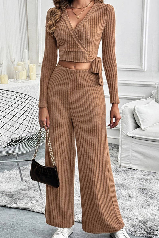 CWSTB1071_V-NECK LONG-SLEEVED SOLID COLOR TEXTURE SUIT