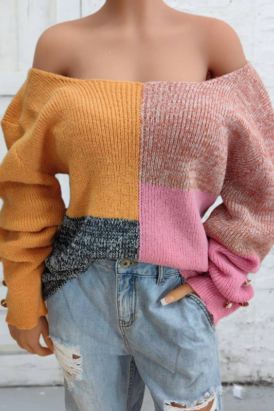 CWOSWL6723_U-NECK COLOR MATCHING LONG-SLEEVED SWEATER