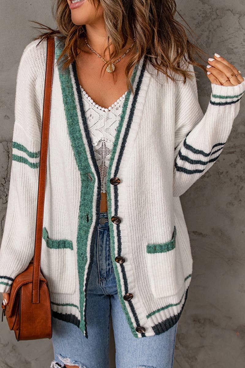 CWOCAL2171_STRIPED COLOR POCKET LONG SLEEVE CARDIGAN