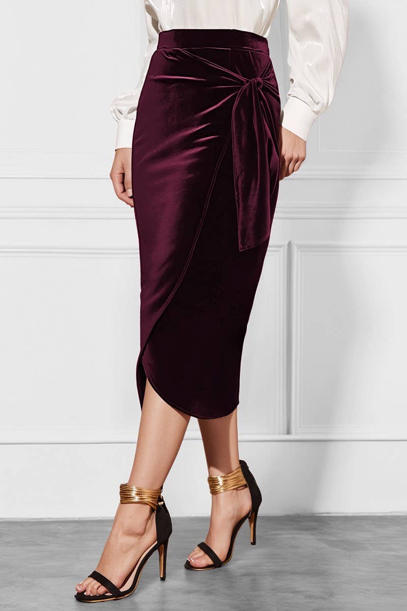 CWBMS00476_SOLID COLOR TWIST SLIT VELVET MIDI SKIRT