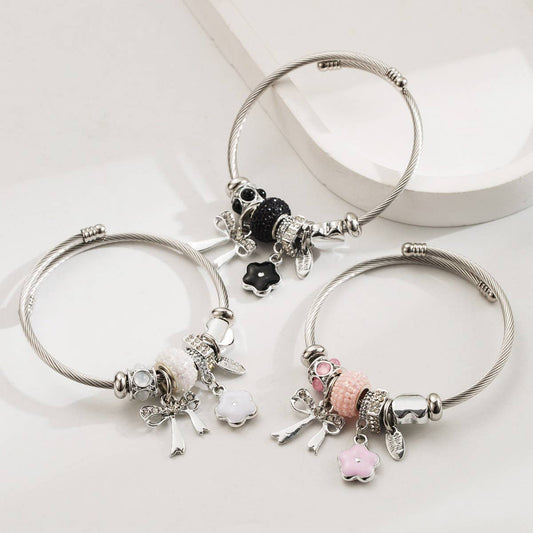 Silver Steel Bracelet with Bow & Flower Charms