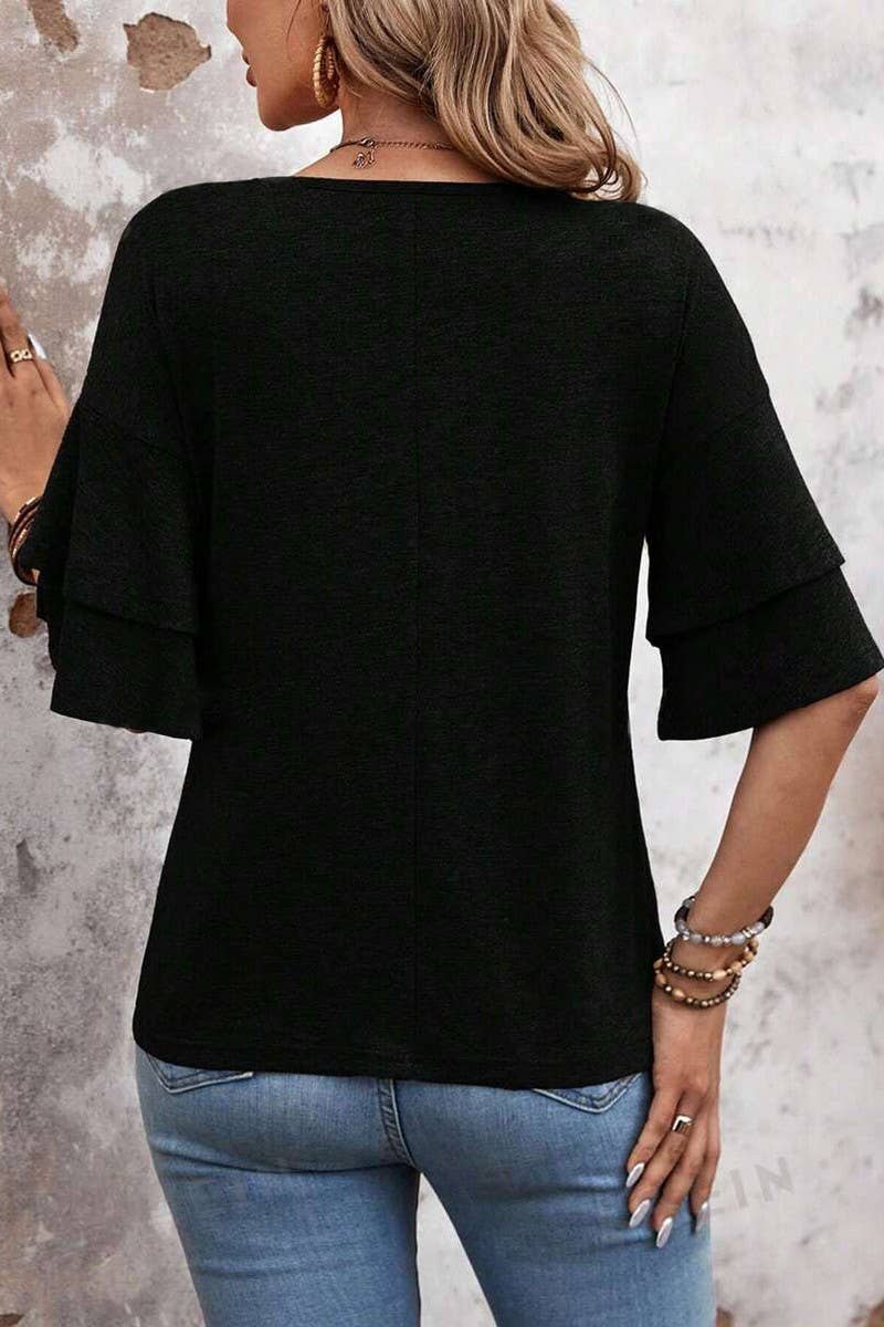 CWTBLS1614_SOLID COLOR V-NECK DOUBLE-LAYER SLEEVE T-SHIRT