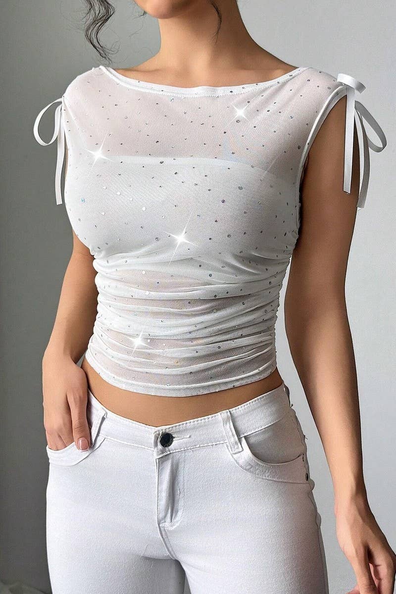 CWTBLSL0879_SEQUIN MESH OFF-SHOULDER BOW RUCHED TOP