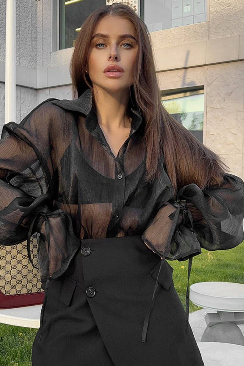 CWTSTL2580_LAPEL PUFF SLEEVE COMMUTER SEE-THROUGH SHIRT