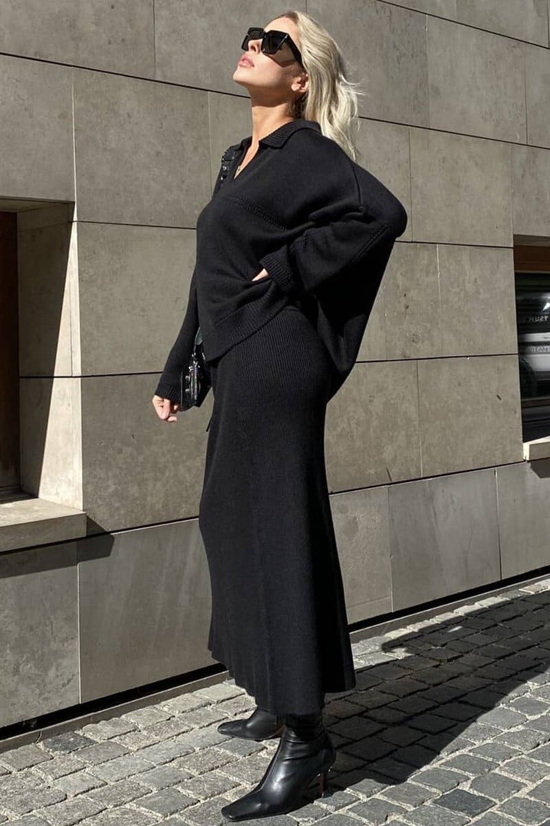 CWSS0750_KNITTED V-NECK LONG SLEEVE SWEATER SKIRT SET