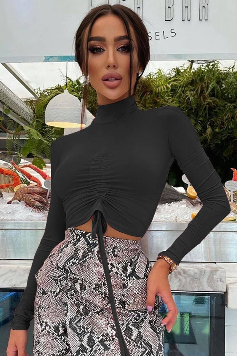 CWTBLL3773_PLEATED MIDRIFF-EXPOSED MOCK NECK LONG SLEEVE TOP