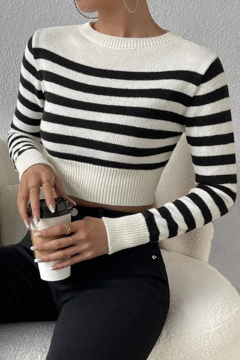 CWOSWL6270_STRIPED LONG SLEEVE CROPPED PULLOVER SWEATER TOP