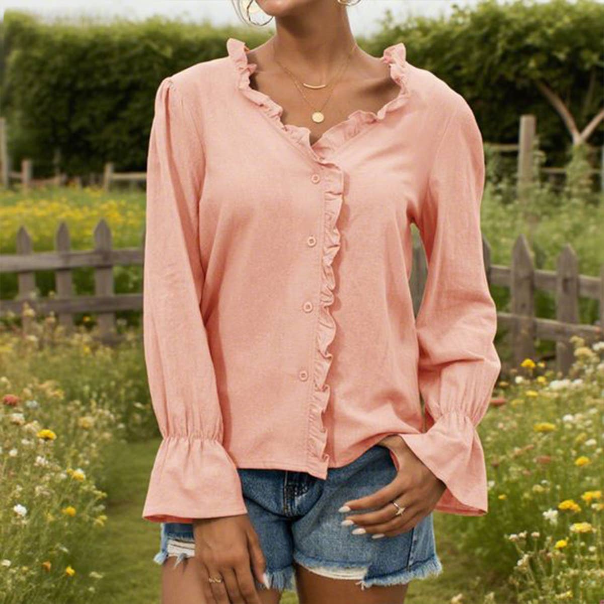 Casual V-neck ruffled button-down shirt