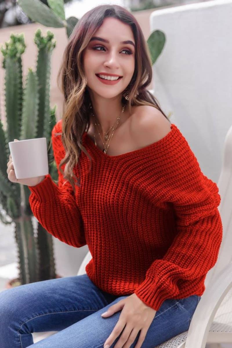 CWOSWL6431_SEXY V-NECK BACKLESS LONG-SLEEVED SWEATER