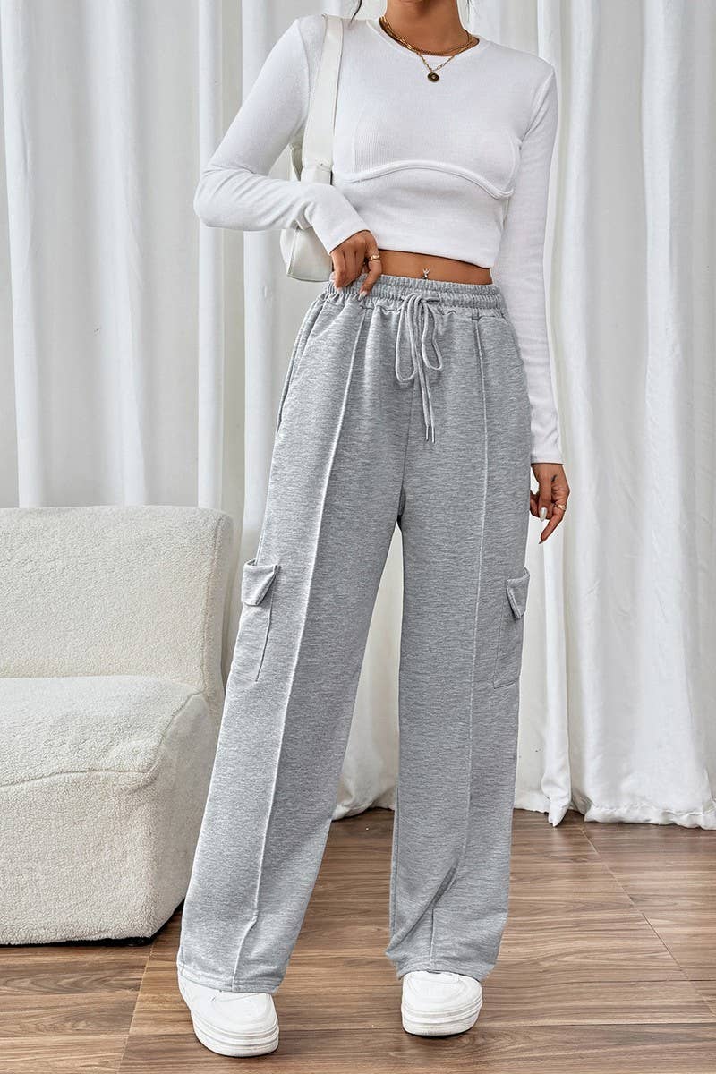 CWBLP1065_ELASTIC WAIST PATCH POCKET STRAIGHT PANTS