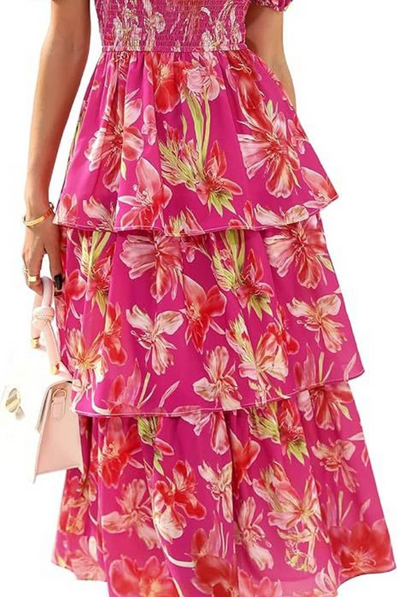 CWDMD01026_SQUARE NECK SHORT SLEEVE FLORAL CHIFFON DRESS