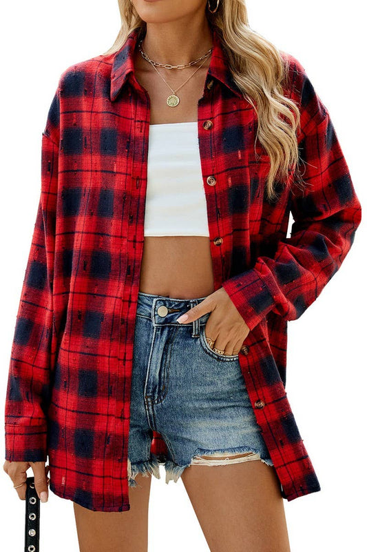 CWOBL0186_FLIP COLLAR VINTAGE CROCHET CHECKERED SHIRT