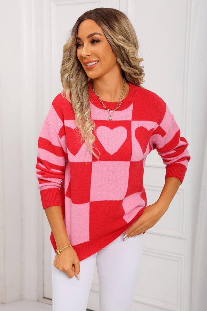 CWOSWL07596_COLORBLOCK PLAID HEART KNIT SWEATER