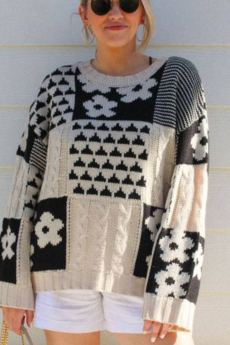 CWOSWL5800_SQUARE FLORAL LOOSE CREW NECK PULLOVER SWEATER