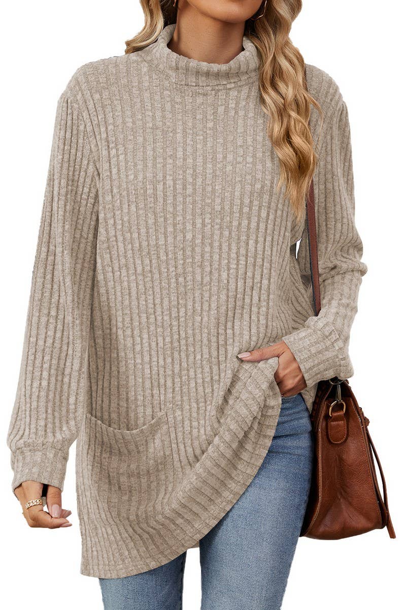 CWTBLL1200_SOLID COLOR RIBBED HALF TURTLENECK POCKET TOP