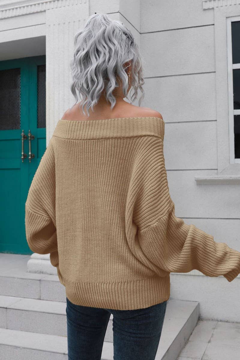CWOSWL3882_OFF-SHOULDER LONG-SLEEVED KNITTED SWEATER