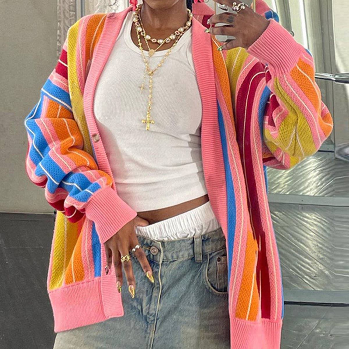 COLOR CONTRAST STRIPED LONG SLEEVE CARDIGAN