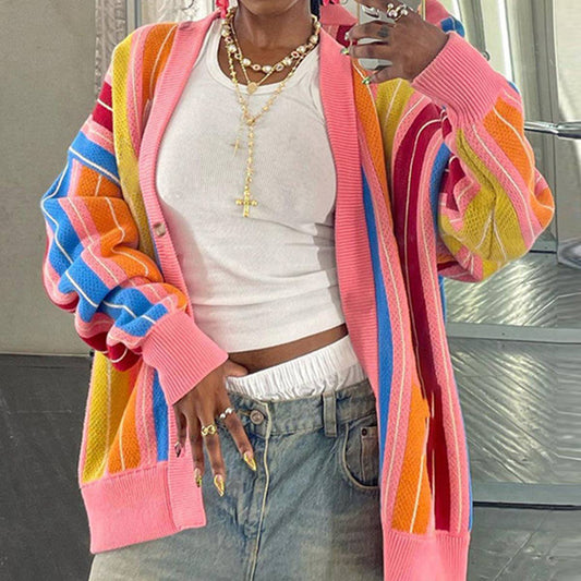 COLOR CONTRAST STRIPED LONG SLEEVE CARDIGAN