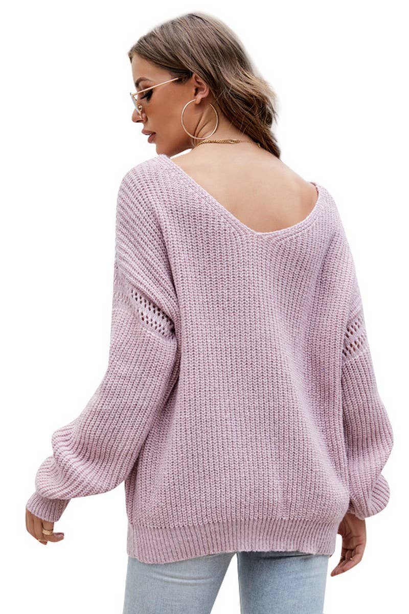 CWOSWL2712_SOLID COLOR V-NECK KNITTED PULLOVER SWEATER