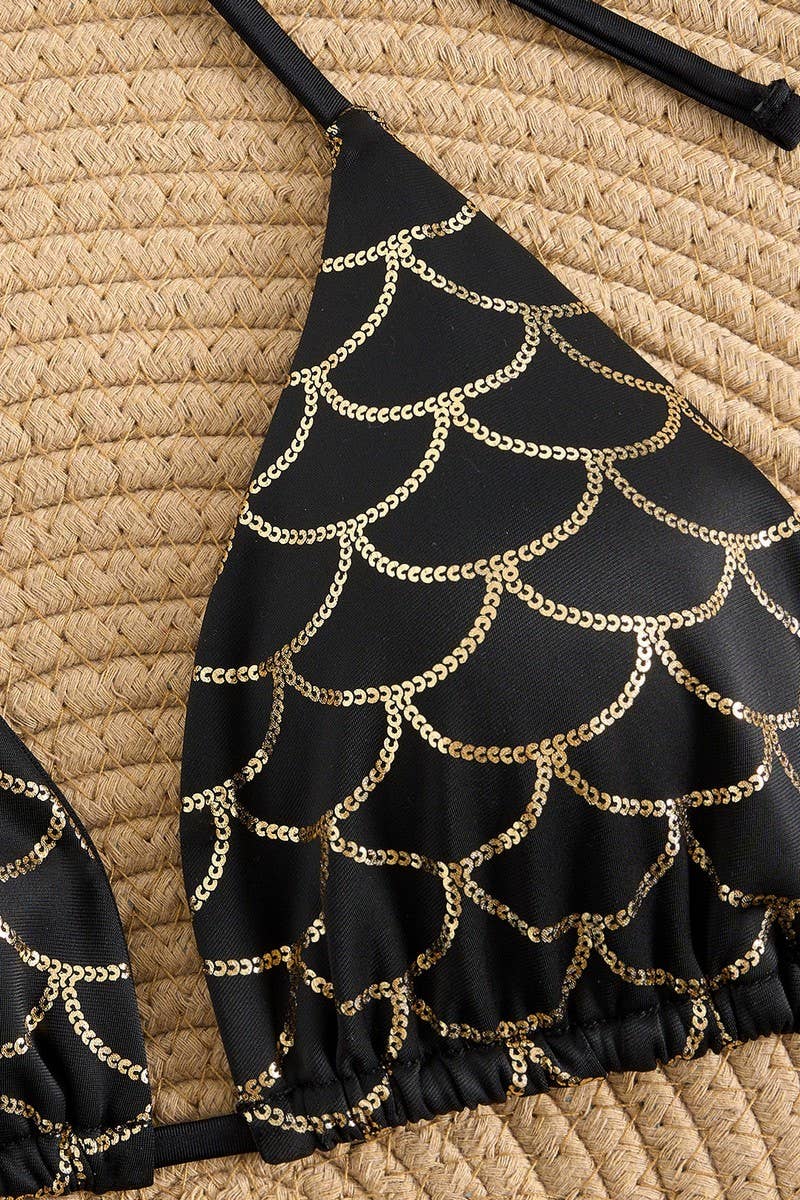 CWMW0875_SEXY SHINY LACE-UP TWO-PIECE BIKINI SWIMSUIT