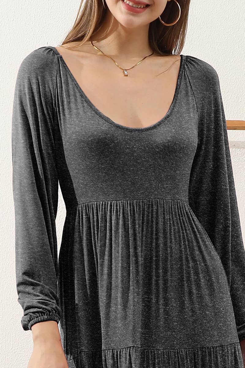 CWDMD801_ROUND NECK TIRED CASUAL RUFFLE MAXI SOLID DRESS