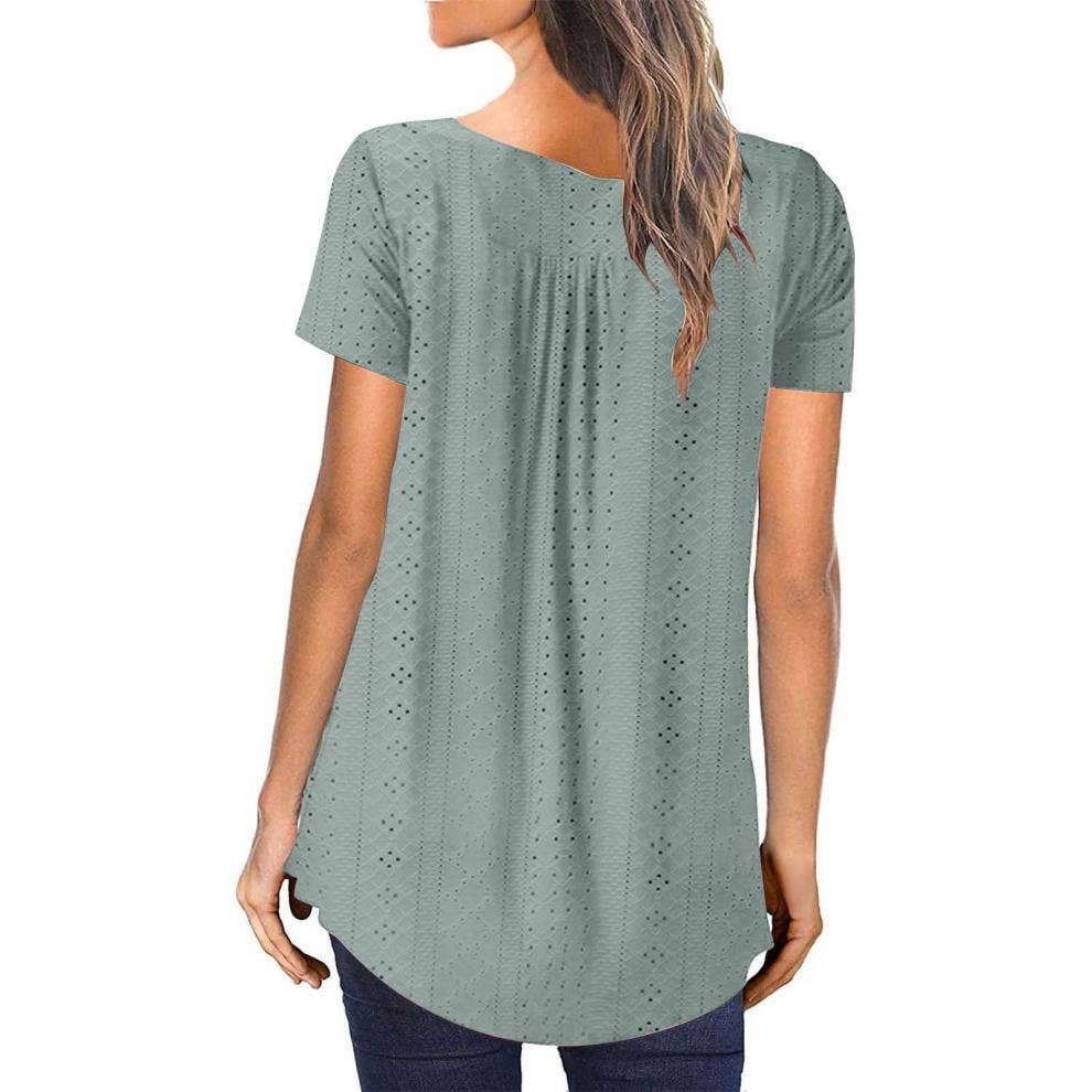 Crew-neck pleated button solid color ripped shirt