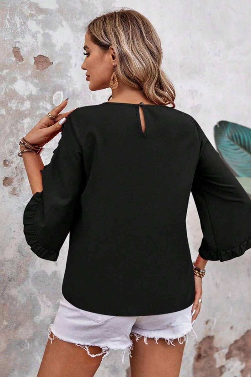 CWTBLS2263_LACE TRIM CREW NECK 3/4 SLEEVE ASYMMETRICAL TOP