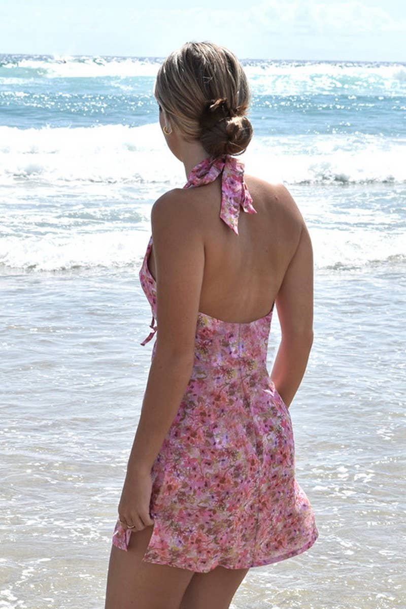 CWDHL0787_FLORAL HALTER TIE BACKLESS MINI DRESS