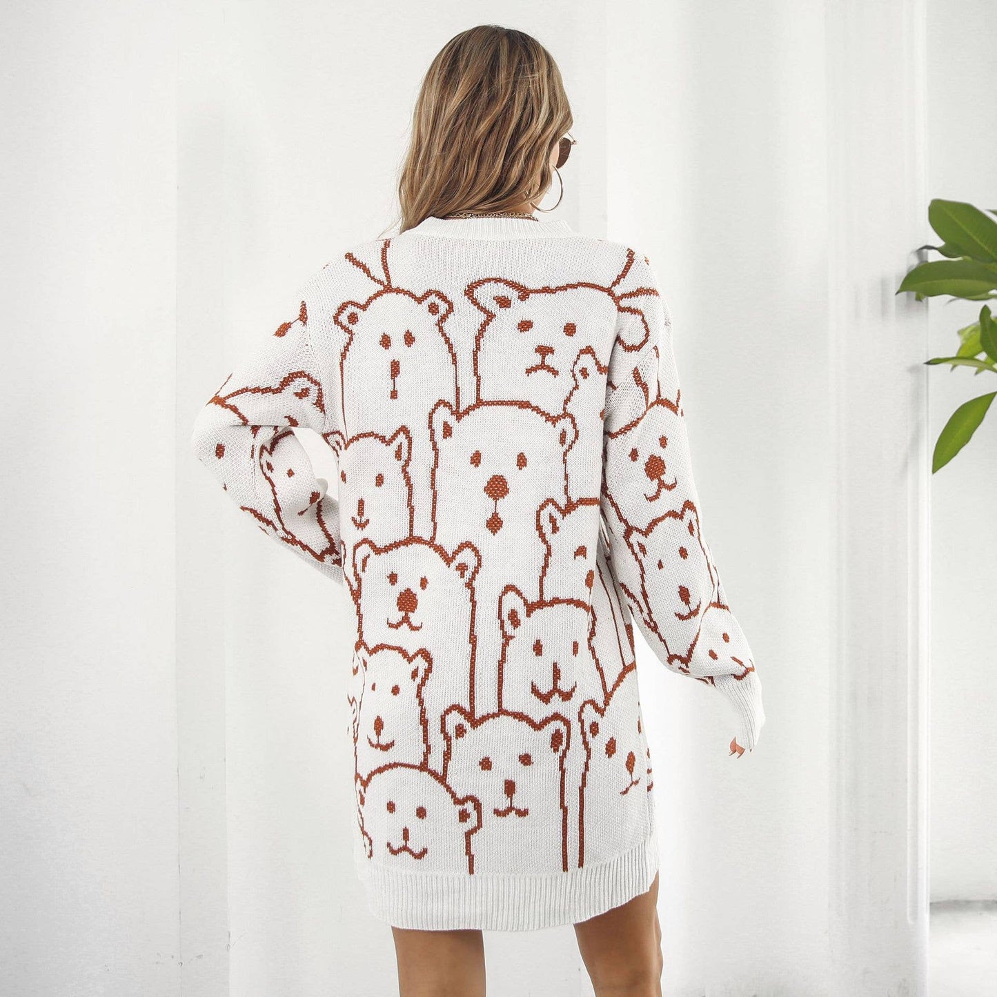 Bear jacquard long-sleeved sweater dress