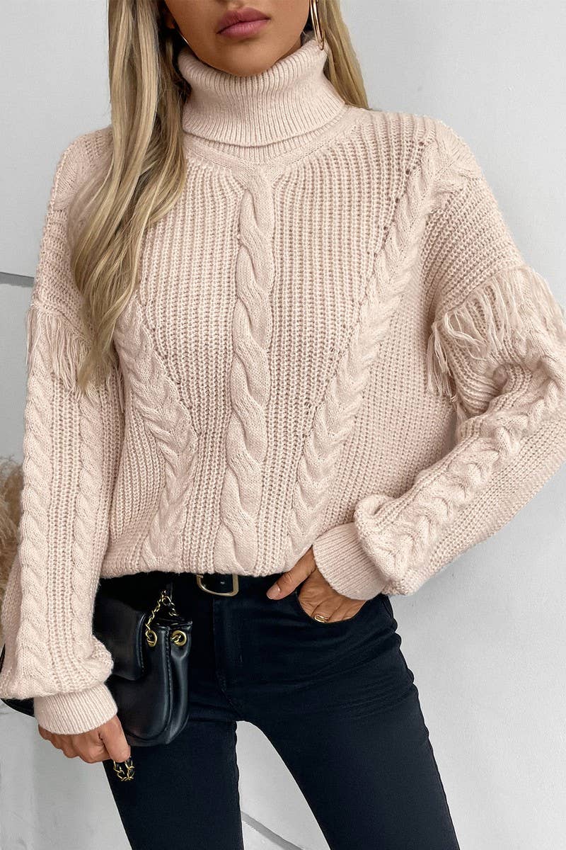 CWOSWL2810_FRINGED CABLE KNIT LONG SLEEVE PULLOVER SWEATER
